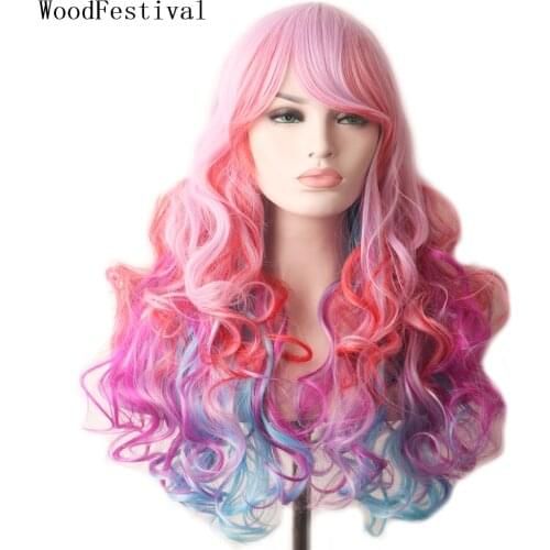 WoodFestival Female Synthetic Wig With Bangs Colored Cosplay Wigs Women Long Hair Wavy Rainbow Pink Red Purple Blue Green Brown