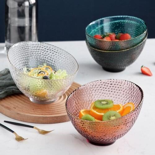 Golden Stroke Glass Bowl Fruit Salad Tray Creative Oblique Main Dinner Plate Transparent Dining Table Utensils Kitchen Supplies