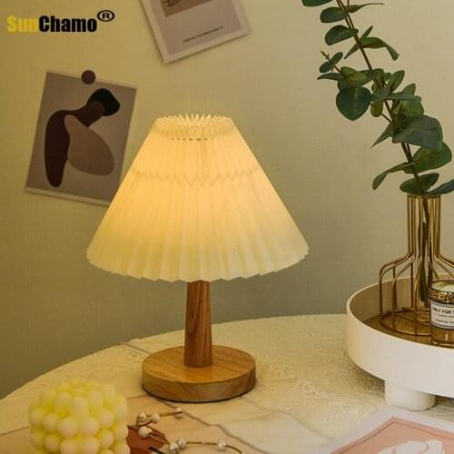Usb Vintage Pleated Lamp Dimmable Korean Table Light with Led Bead White Warm Yellow for Bedroom Living Room Home Lighting Decor