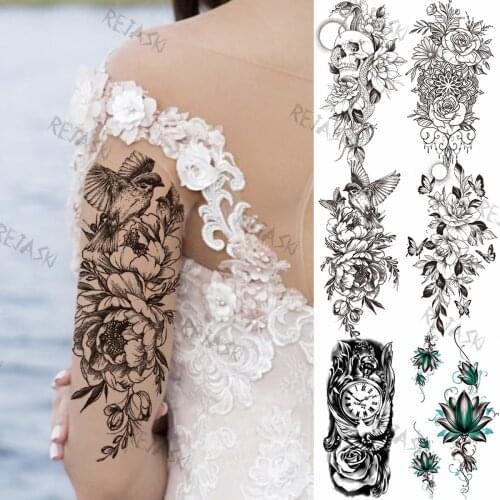 3D Peony Flower Bird Temporary Tattoos For Women Girl Clock Butterfly Skull Pendant Realistic Fake Tattoo Arm Back Tatoos