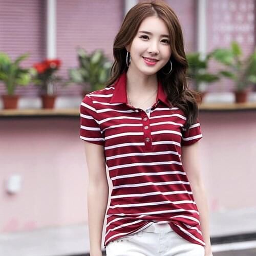 High Quality 2020 Summer New Womens Short Sleeve Polos Shirts Casual Striped Ladies Lapel Tees Fashion Slim Female Tops