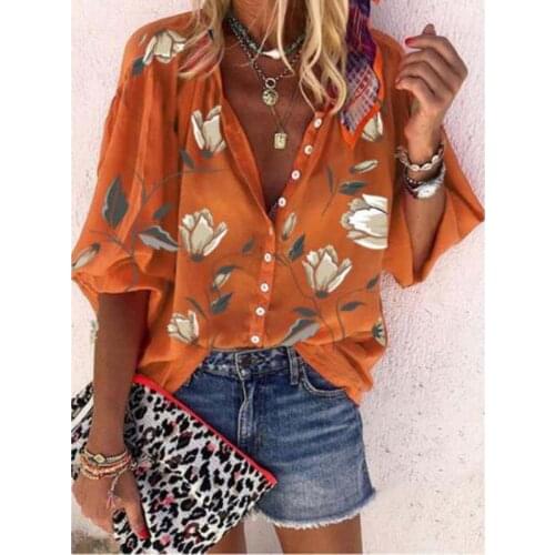 Women Shirt Printed Lantern Sleeve Single Breasted V-Neck Ladies Top 2021 New Summer Outdoor Loose Casual Comfy Female Outfits
