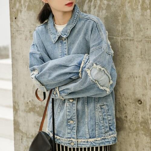 Womens Ripped Patchwork Denim Jacket Coat Casual Loose Denim Jacket Female Vintage Button Up BF Oversize Coat Jeans Plus Size