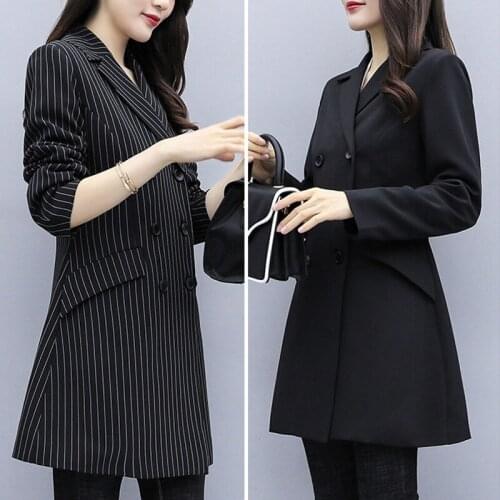 Large Size Double Breasted Womens Black and White Striped Blazer Mujer Long Casual Jacket Female 2020 Early Autumn New f2115