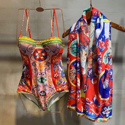 2020 Designer Brand Bodysuits Womens swimsuit Charming Floral Print Summer Beach Holiday Sexy Bodysuit Femme + Shawl S127