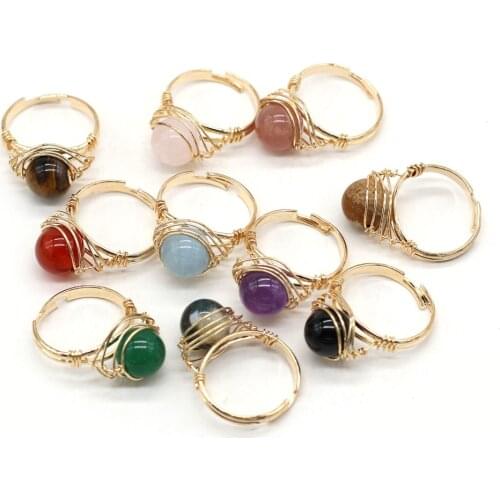 Elegant Handmade Gold Color Wire Wrap Ball Stone Finger Rings Reiki Heal Amethysts Agates Ring Women Party Wedding Jewelry