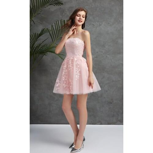 Pink Prom Dresses Sexy Prom Dress Short V Neck Appliques Lace Knee-Length Graduation Party Gowns Tulle Celebrity Evening Robes