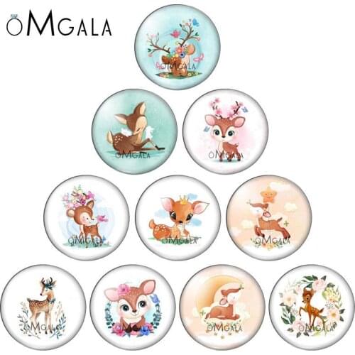 Cartoon Flowers Baby Deer 10pcs 10mm/12mm/14mm/16mm/18mm/20mm/25mm Round photo glass cabochon demo flat back Making findings