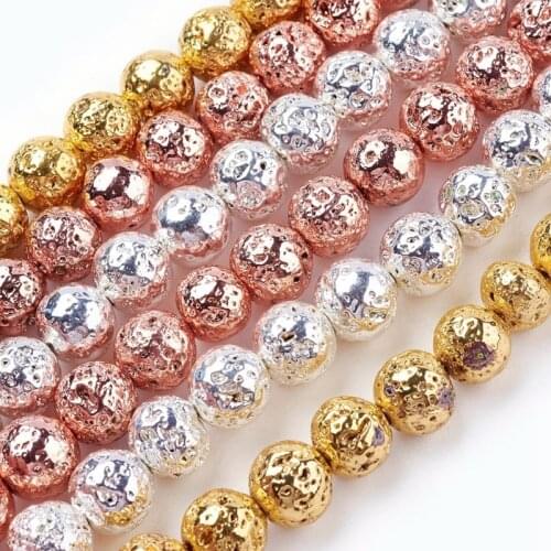 5 Strand 6/8/10/12mm Electroplated Bumpy Round Natural Lava Bead Strands for jewelry making DIY bracelet, Randomly Mixed Color