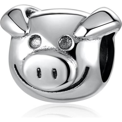 Authentic S925 Bead fit Lady Bracelet Bangle Cute Pig Head Animal Beads Charms For Women DIY Jewelry Making