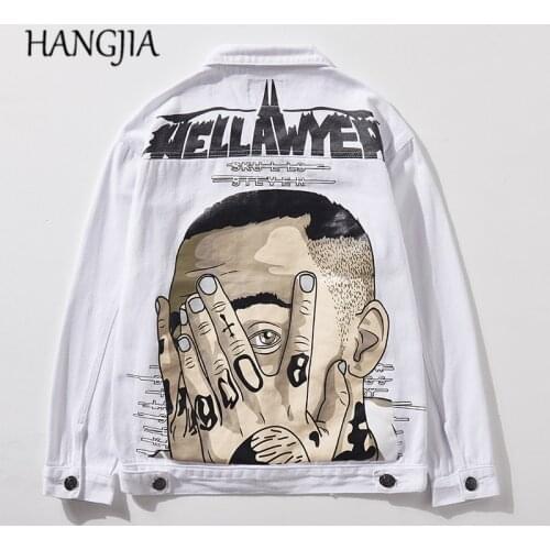 Black White Distressed Denim Jackets Jean Streetwear Hip-hop Wash Hole Male Handsome Big Head Print Ripped Denim Jacket Outwear