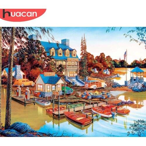 HUACAN Diamond Painting New Arrival Villa Scenery Diamond Embroidery Lake Mosaic Home Decoration Wall Stickers