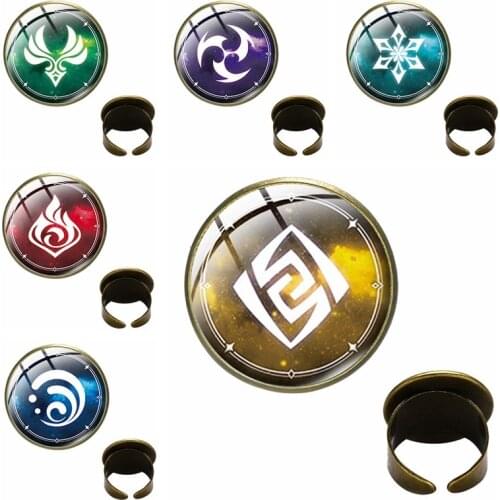 Genshin Impact Cosplay Ring for Women Men Eye of God Six Element Glass Round Rings Gift Hiphop Adjustable Fashion Retro Cos Prop