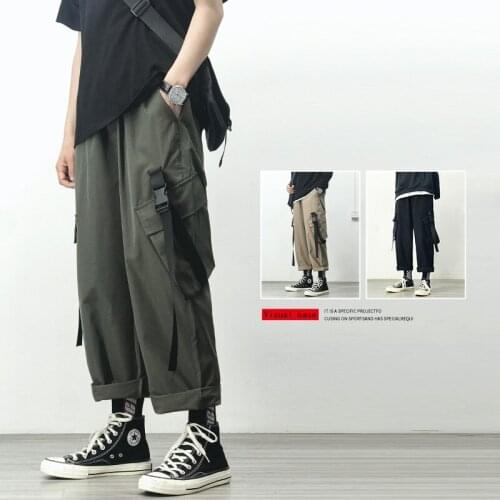 Baggy Overalls Drawstring Straight Pants 2021 Men Hip-hop Loose Sports Nine-point Trousers Japanese Casual Streetwear