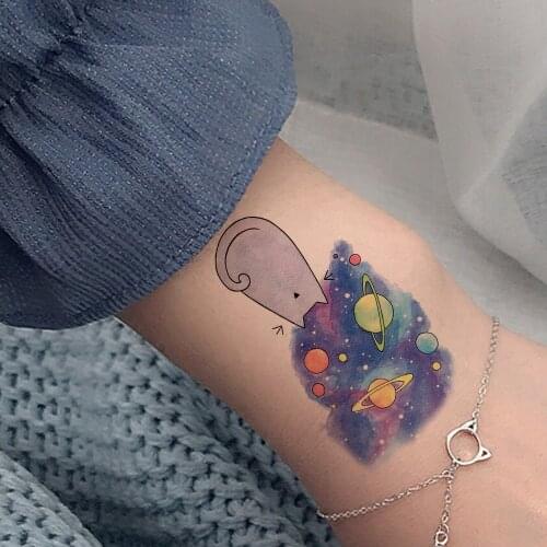 Cute Galaxy Cats Moon Universe Water Transfer Flash Tattoos Stickers Women Girls Temporary Tattoo For Kids 3D Flash Cartoon