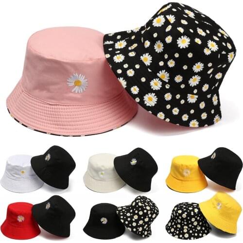 Fashion Daisies Cotton Double-Sided Bucket Hat Summer Floral Breathable Sun Cap Casual Outdoor Women Men Effectively Sunscreen