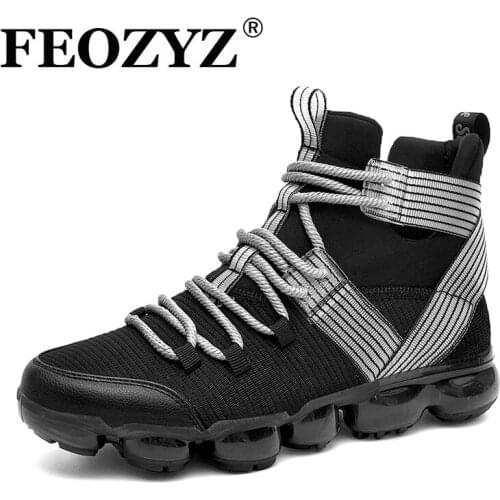 FEOZYZ New Fully Air Sole Running Shoes Men Splicing design Mid-cut Sneakers Leather + Knit Upper Trainers Sport Shoes