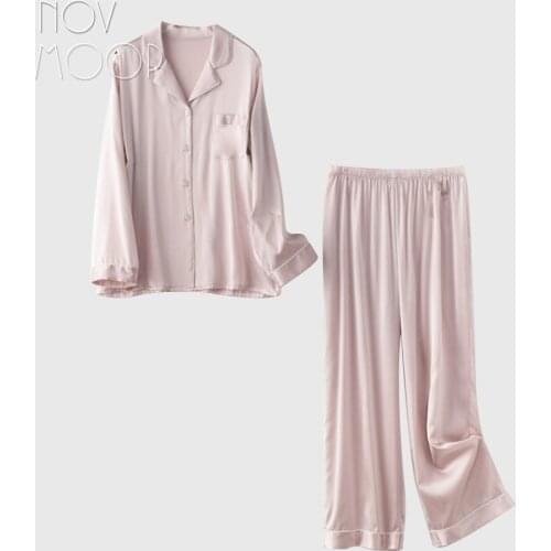 Novmoop Korean elegant fashion style stretch silk full sleeve shirt and pants women summer sleeping pajamas two sets LT3103