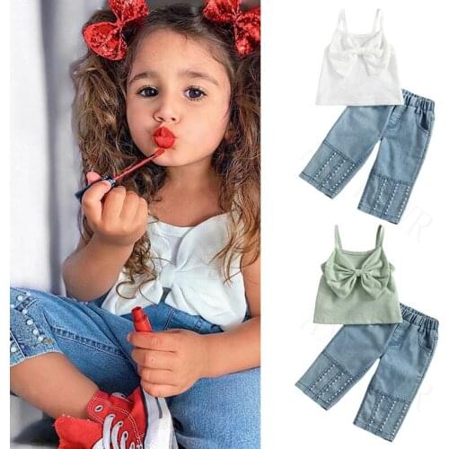 1-6Y Summer Cute Kids Girls Clothes Sets Solid Sleeveless Big Bow Vest Tops Pearl Denim Pants 2pcs
