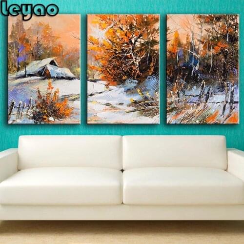 Landscape 5d Full Square Diamond Painting Art 3 Piece Diamond Embroidery Village Snow Winter Triptych For Living Room Home Decor