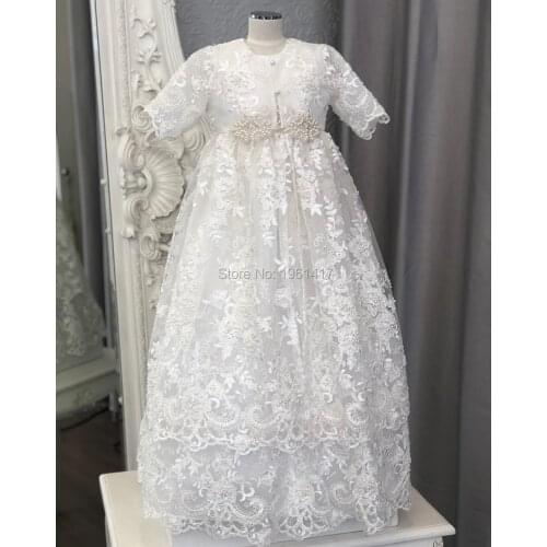 XIAOXIAORAN Luxury Bling Bling Pearls Girls Christening Gown Baby Dress Outfit Lace Baptism Dress With Bonnet with Shoes