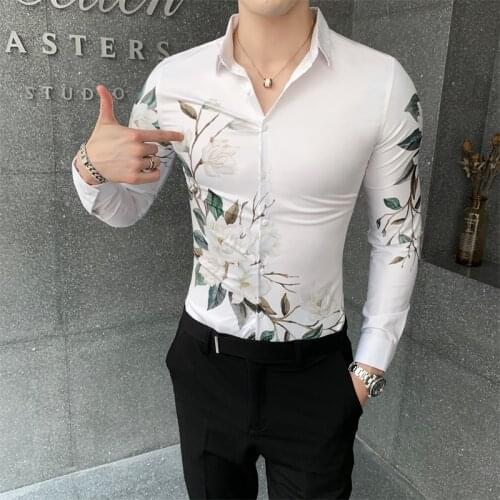 Autumn Winter New Shirt Men Korean Slim Fit Floral Shirts for Men Clothing All Match Long Sleeve Men Casual Shirts Club Tuxedo