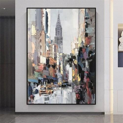 Hand Painted knife city Oil Painting Wall Art Modern City Building Picture on Canvas Home Decor For Living room office picture