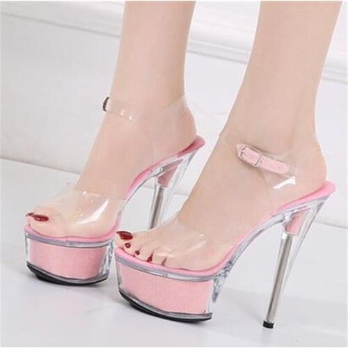 Women Sandals High Quality Female Model T Station Catwalk Sexy Crystal Transparent Shoes 15CM High Heel Waterproof Sandals 34-43
