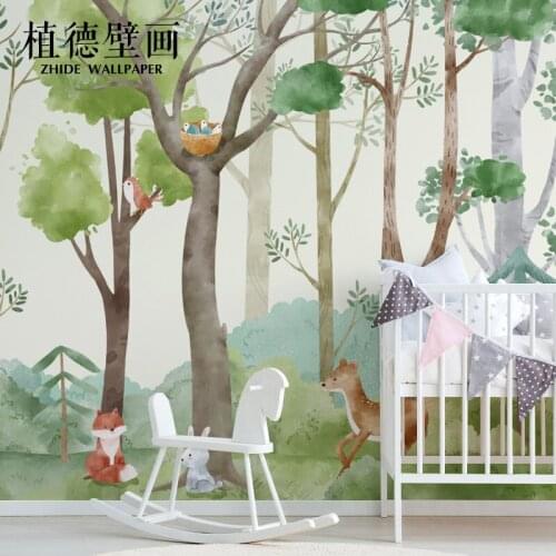 Nordic watercolor forest plants cartoon animals childrens room toy room boy wallpaper customizable murals papel DE parede