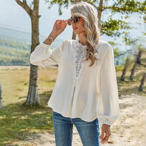 2021 Spring Womens Hollow Flower Lace Shirt Female Stitching Solid Color Casual White Shirt