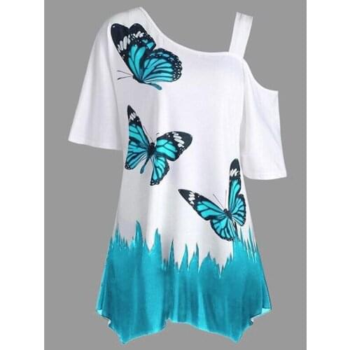 2020 Summer Off One Shoulder Women Loose T-Shirt Long Sleeve Butterfly Print Irragular T Shirt Top Female Tunic Tee
