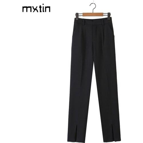 2021 Vintage Black Office Wear Straight Pants Women Fashion Zipper Fly Pockets Side Vents Female Ankle Trousers Mujer
