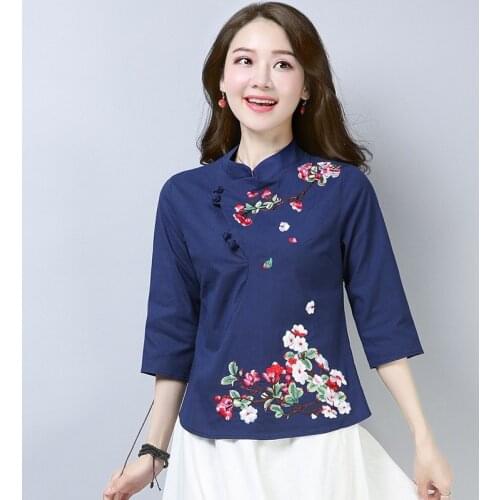 Retro Ladies Chinese Tops National Style Vintage Embroidery Cotton Linen Shirts Summer Casual Buckle Oriental Tea Shirt 12372