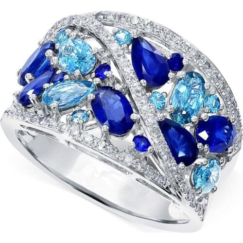 Huitan Luxury Deep Blue/Sky Blue/White Zircon Women Party Finger Ring Elegant Birthday Gift for Wife/Mother Fashion Jewelry Ring