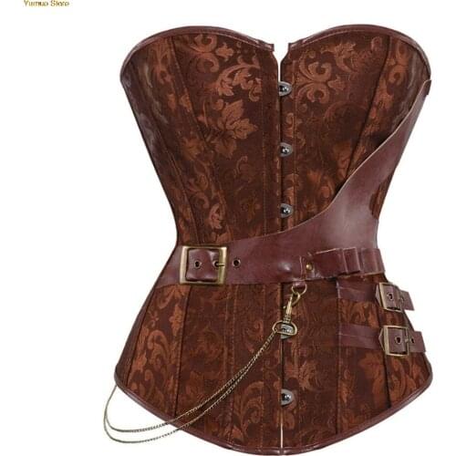 Womens Dress Leather Overbust Corsets and Bustiers Skirt Sexy Gothic Steampunk Corset Party Waist Trainer Plus Size