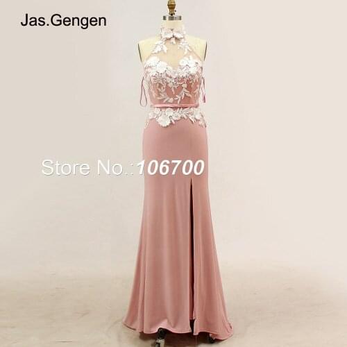New 3D Embroidery Flower Lace Prom Dress Halter Sexy Front Split Jersey Mermaid robe de soiree longue vestido largo 1173