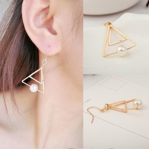 10 pairs/lot Gold Simulated Pearl Double Triangle Drop Earrings Hollow Dangle Eardrop Women Vintage Jewelry Accessories