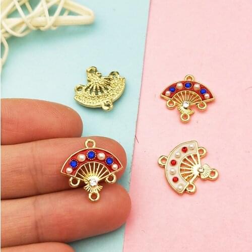 10pcs Chinese Style Enamels Pearl Charms Connector Hollow Out Fan Pendants Fit for Bracelet Earrings Jewelry DIY Accessory