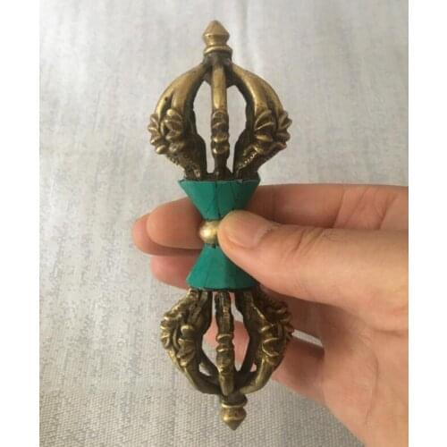 14.5cm fast ShippingTibetan Buddhism Bronze Turquoise Buddhist Ritual Tool Hand Vajra Dorje statue