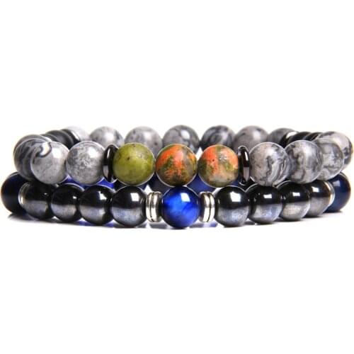 2pcs lovers unisex Natural gray map stone beads bracelets for men male handmade green unakite stone beads bracelet homme gifts