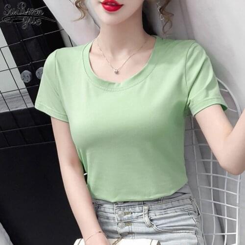 2021 Summer Round Neck Cotton T-shirt Solid Color Short Sleeve T-shirt Girl Pluse Size 5XL Korean Commute Slim Shirt Women 13625
