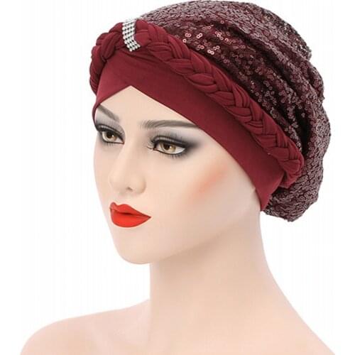 2021 New Sequins Turban Caps For Women Braids India Hat African Aso Oke Headtie Muslim Headscarf Bonnets Turbante Mujer