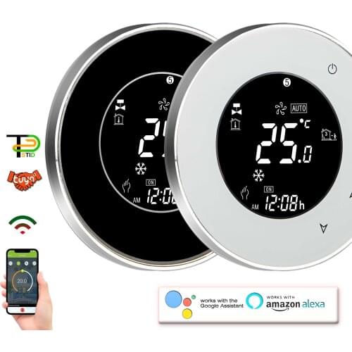 24V 95-240V EU Wifi Smart Thermostat Temperature Switch for 4P/2 Pipe Fan Coil Round Mounting Plate