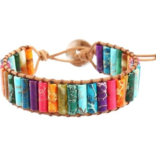 7 MultiColor Chakra Natural Stone Bracelet Bohemia Handmade Tube Beads Leather Wrap Bracelet Yoga Couples Bracelet for Woman Men
