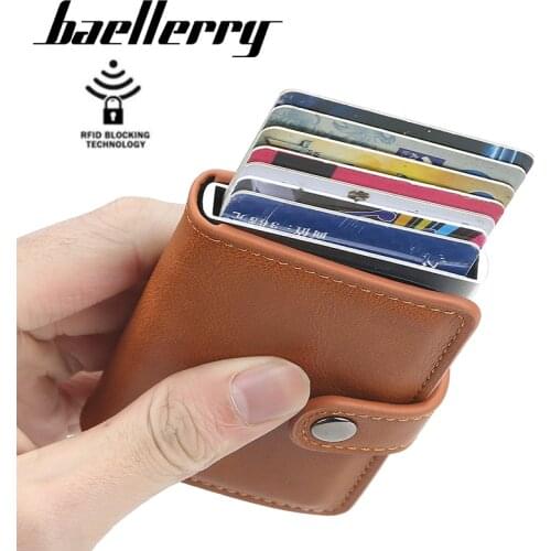 Baellerry Hasp Men Credit Card Holder RFID Blocking PU Automatic Business ID Card Holder Aluminum Metal Wallet Purse for Cards