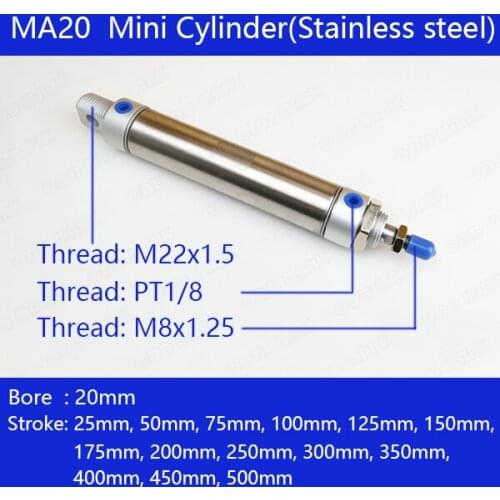 Free shipping Pneumatic Stainless Air Cylinder 20MM Bore Double Action Mini Round Cylinders MA20x100-CA-S MA20x50-CA-S ect