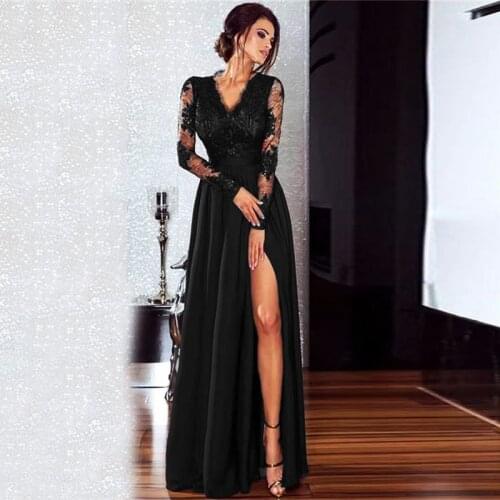 Balck Lace Dress Women Sexy Deep V Neck Long Sleeve Side Split Slim Fancy Stunning Long Party Vestidos 3XL Ladies Prom Dress