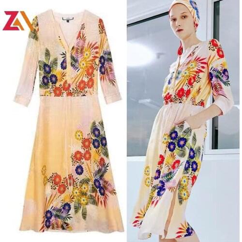 Designer casual vintage floral printed midi dresses loose Drawstring Loose v-neck fashion chic beach holiday basic women dress