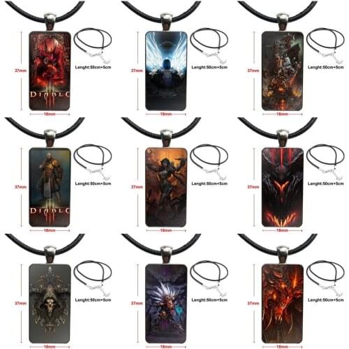 For Women Men Party Glass Cabochon Choker Pendant Rectangle Necklace Steel Color Jewelry Fashion Games Diablos III