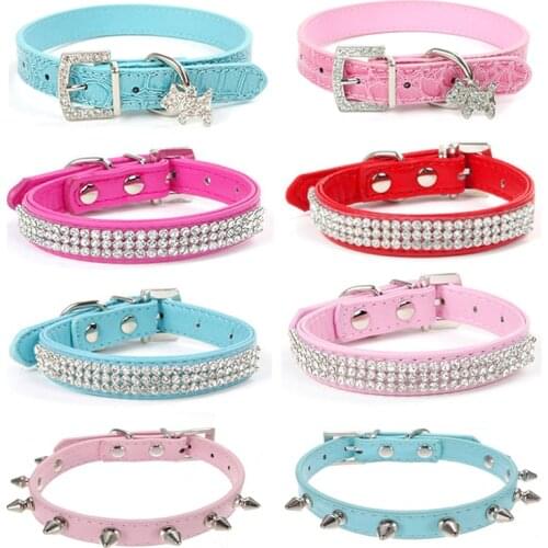 Crystal Pendant Pet Dog Collar Puppy Pet Buckle Dogs Leads Neck Strap Animal Pet Accessories Punk Spike Rivet Dog Collars S/M